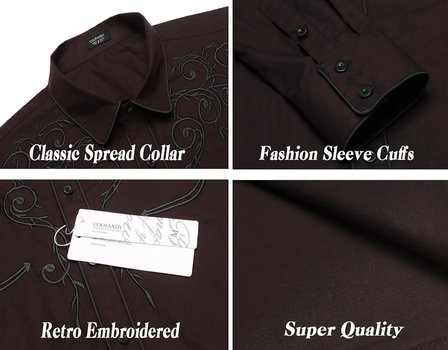COOFANDY Men's Western Cowboy Shirts Long Sleeve Embroidered Shirt Slim Fit Casual Button Down Shirts