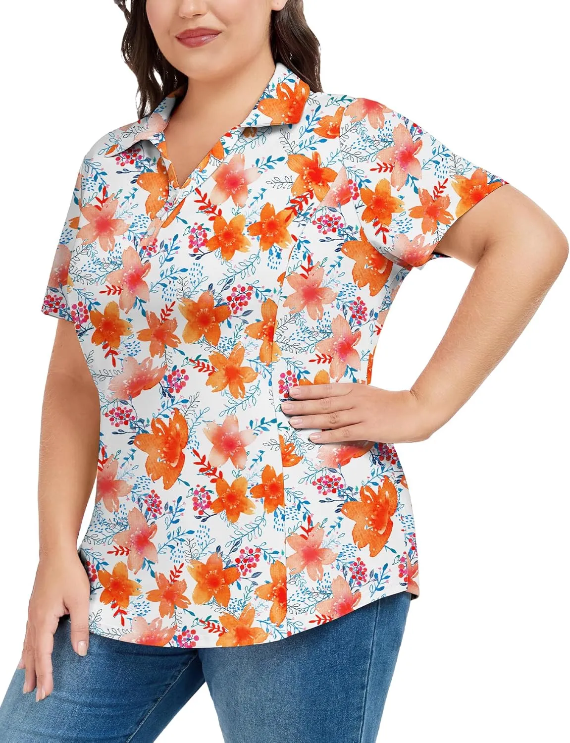 COOTRY Plus Size Golf Polo Shirts for Women Short Sleeve V Neck Tennis Tops Loose Fit T Shirt 3 Buttons