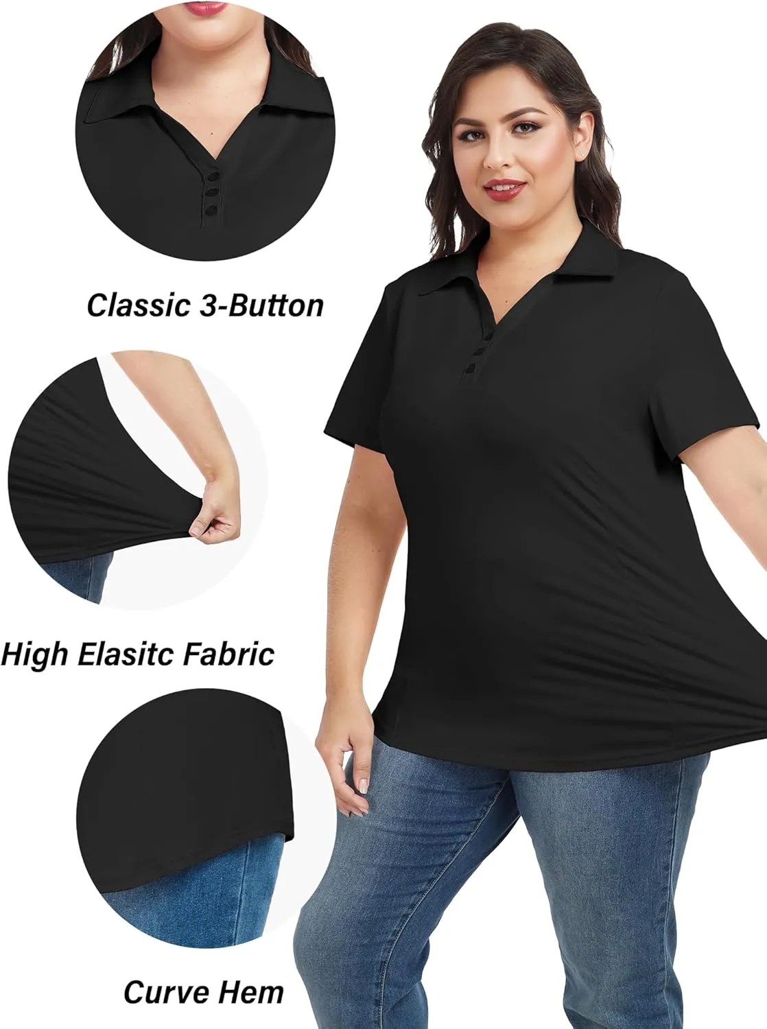 COOTRY Plus Size Golf Polo Shirts for Women Short Sleeve V Neck Tennis Tops Loose Fit T Shirt 3 Buttons