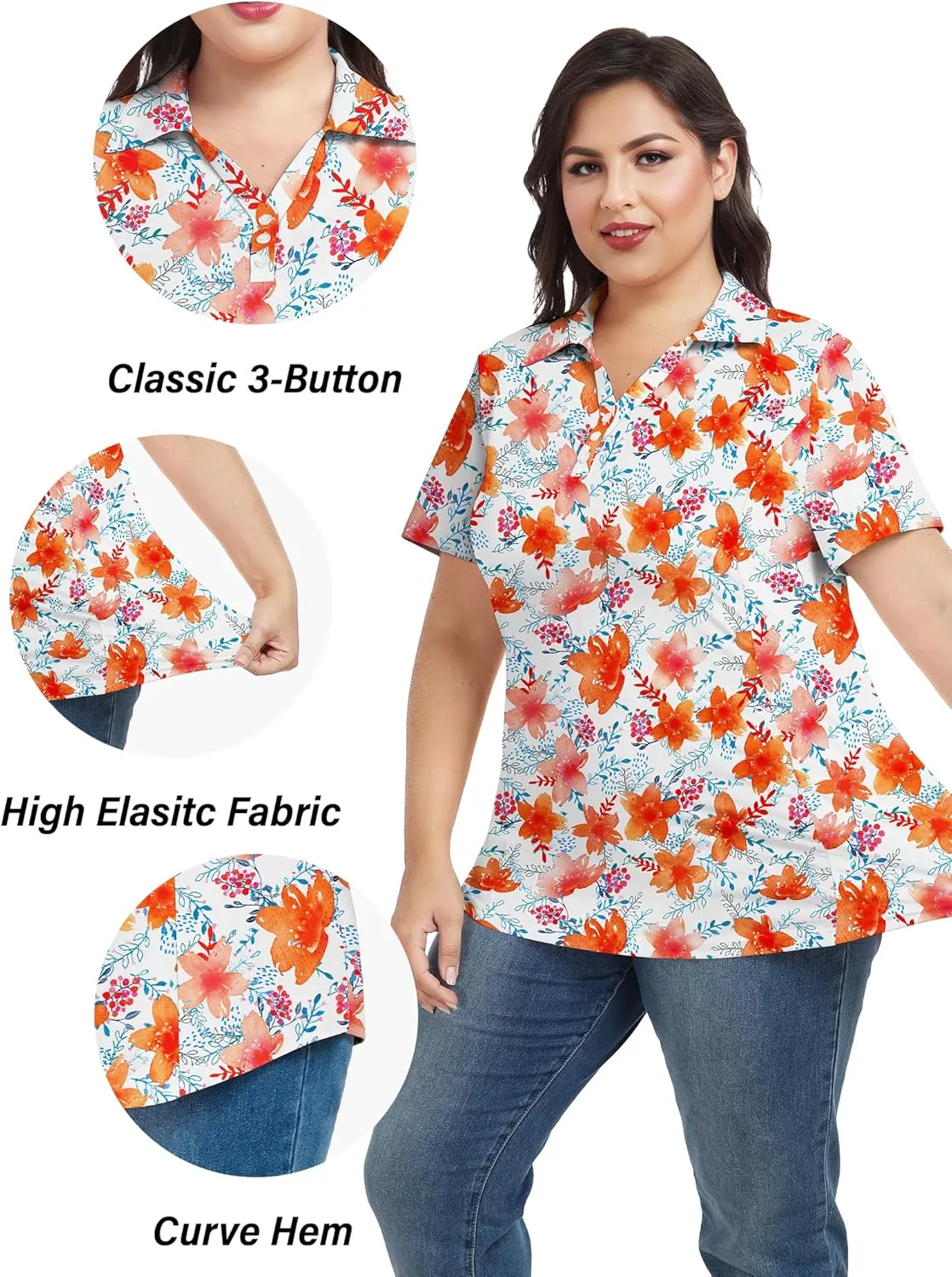 COOTRY Plus Size Golf Polo Shirts for Women Short Sleeve V Neck Tennis Tops Loose Fit T Shirt 3 Buttons