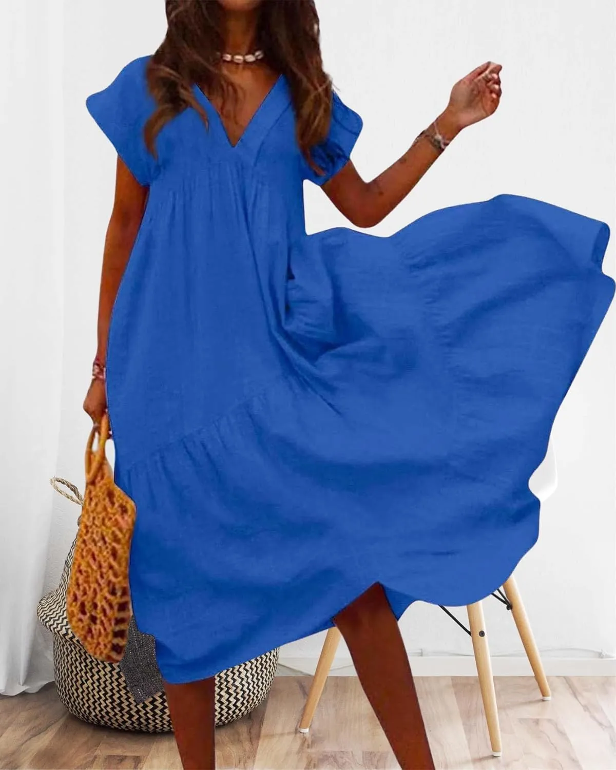 Cotton Linen Dress for Women Flutter Sleeve Flowy Tiered Midi Dress Summer Casual V Neck Ruffle Hem Beach Sundress
