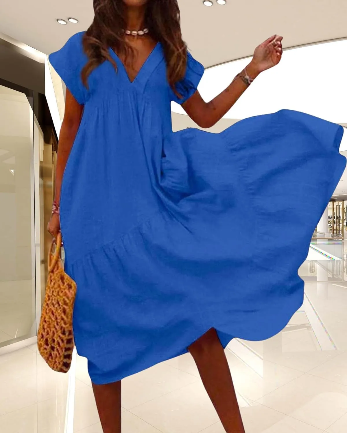 Cotton Linen Dress for Women Flutter Sleeve Flowy Tiered Midi Dress Summer Casual V Neck Ruffle Hem Beach Sundress