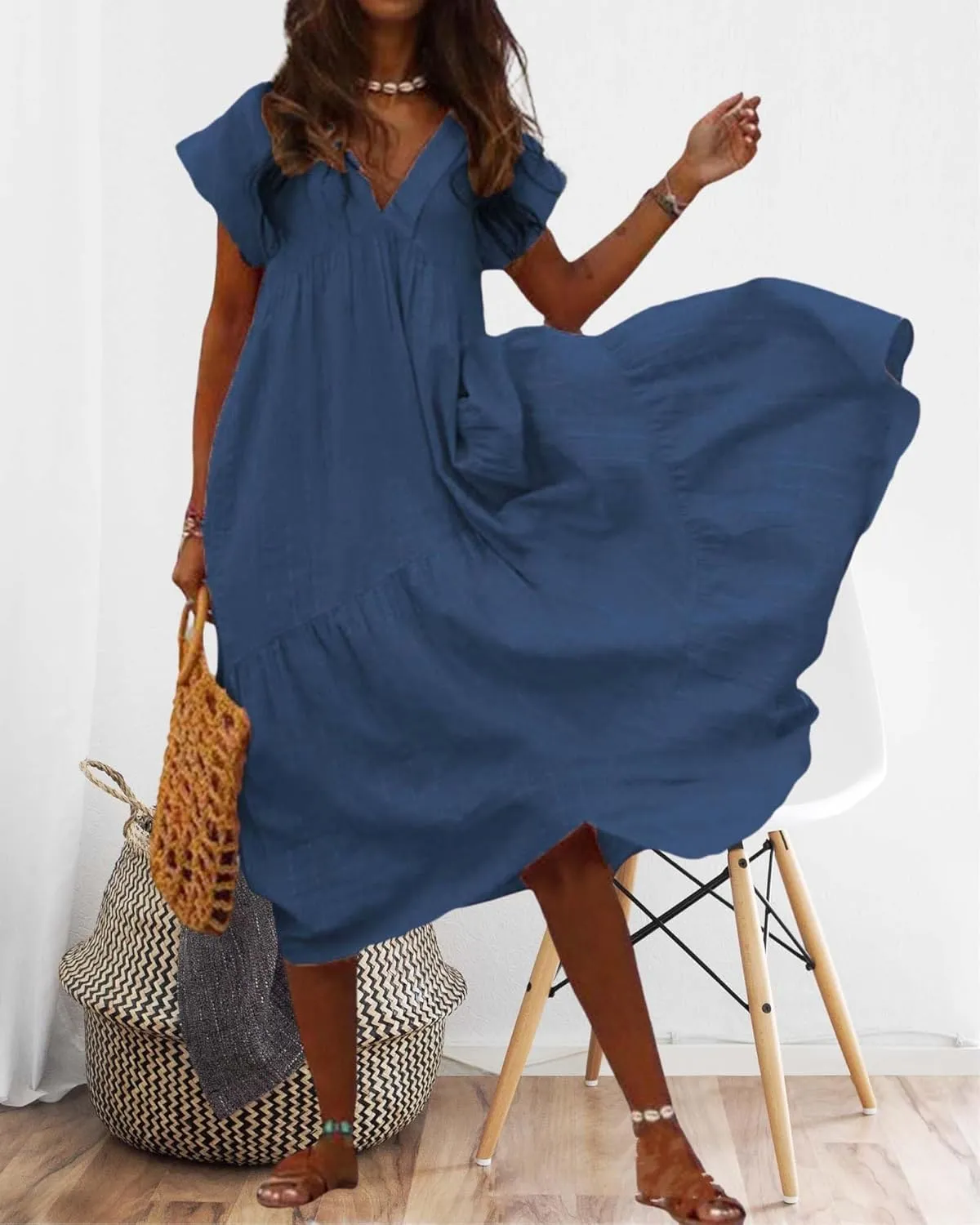 Cotton Linen Dress for Women Flutter Sleeve Flowy Tiered Midi Dress Summer Casual V Neck Ruffle Hem Beach Sundress