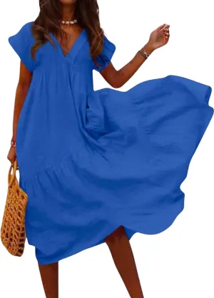 Cotton Linen Dress for Women Flutter Sleeve Flowy Tiered Midi Dress Summer Casual V Neck Ruffle Hem Beach Sundress