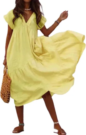 Cotton Linen Dress for Women Flutter Sleeve Flowy Tiered Midi Dress Summer Casual V Neck Ruffle Hem Beach Sundress