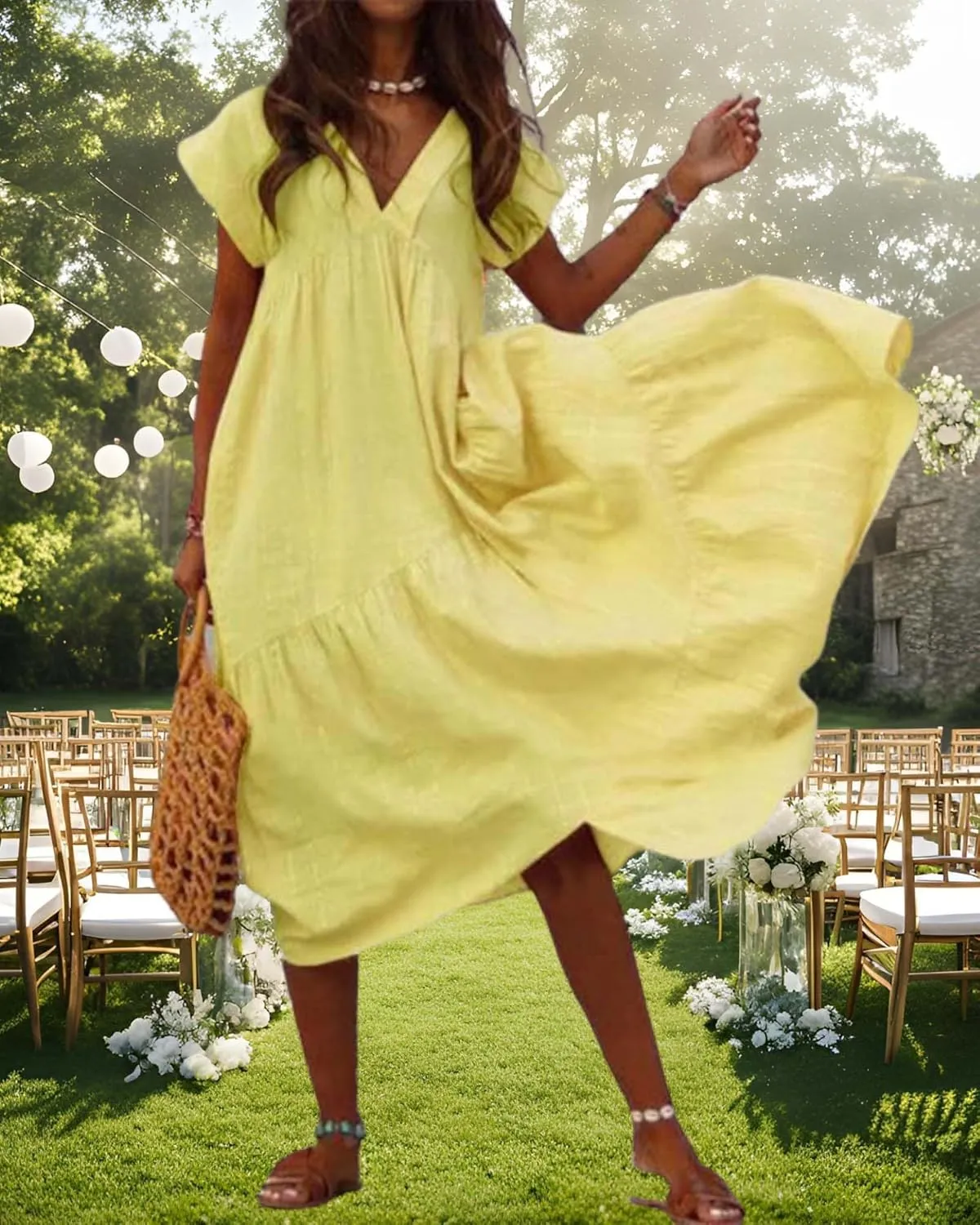 Cotton Linen Dress for Women Flutter Sleeve Flowy Tiered Midi Dress Summer Casual V Neck Ruffle Hem Beach Sundress