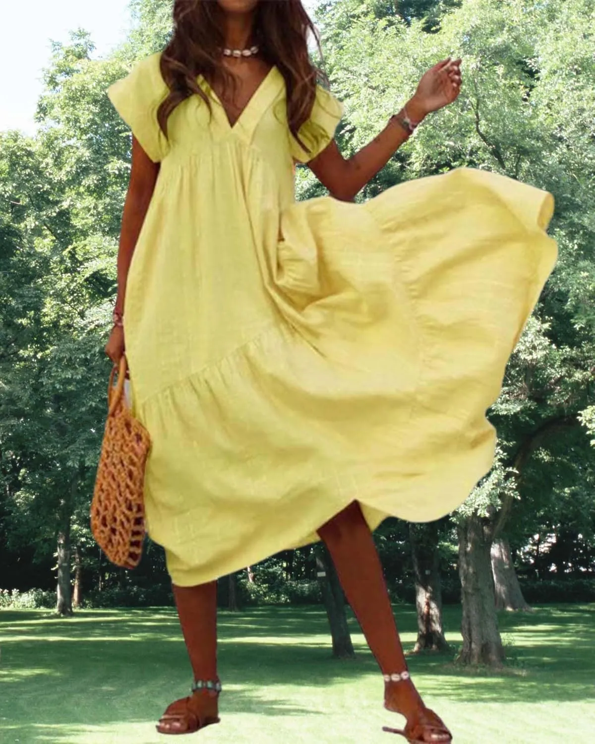 Cotton Linen Dress for Women Flutter Sleeve Flowy Tiered Midi Dress Summer Casual V Neck Ruffle Hem Beach Sundress