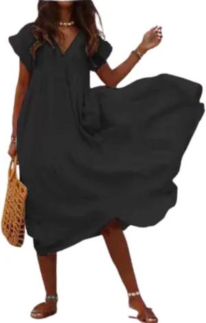Cotton Linen Dress for Women Flutter Sleeve Flowy Tiered Midi Dress Summer Casual V Neck Ruffle Hem Beach Sundress