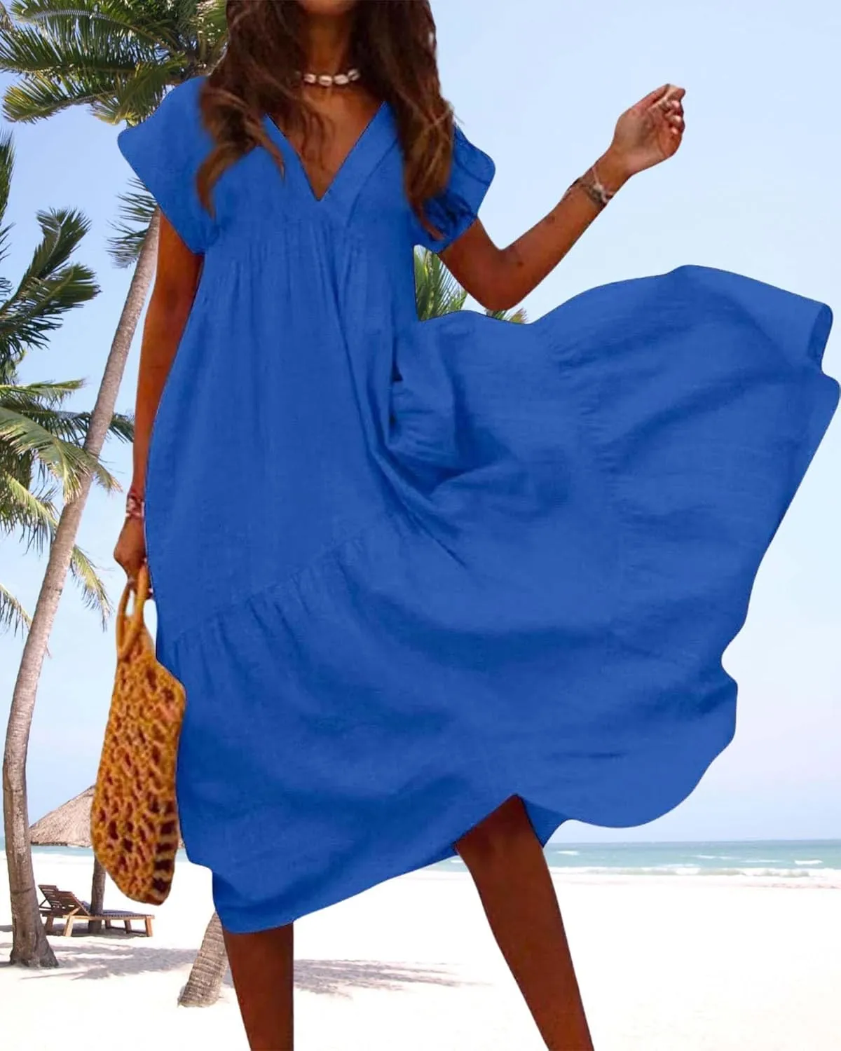 Cotton Linen Dress for Women Flutter Sleeve Flowy Tiered Midi Dress Summer Casual V Neck Ruffle Hem Beach Sundress