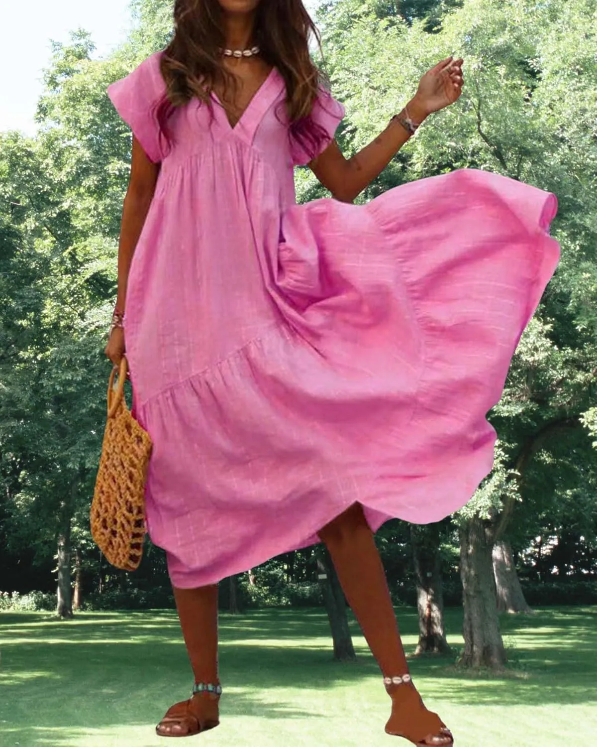 Cotton Linen Dress for Women Flutter Sleeve Flowy Tiered Midi Dress Summer Casual V Neck Ruffle Hem Beach Sundress