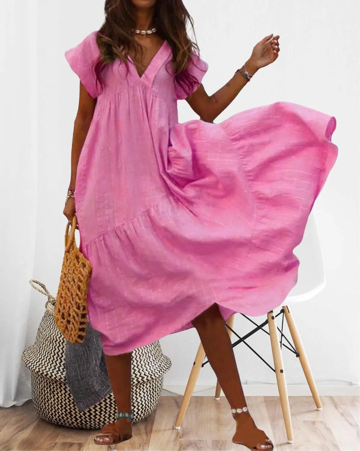 Cotton Linen Dress for Women Flutter Sleeve Flowy Tiered Midi Dress Summer Casual V Neck Ruffle Hem Beach Sundress