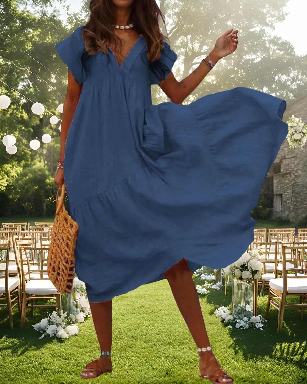 Cotton Linen Dress for Women Flutter Sleeve Flowy Tiered Midi Dress Summer Casual V Neck Ruffle Hem Beach Sundress