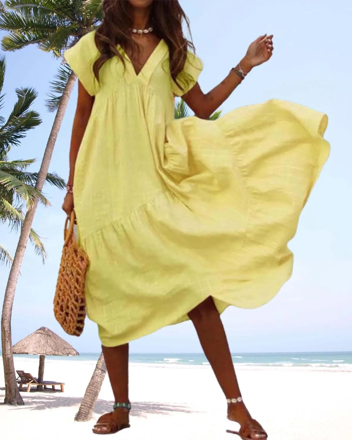 Cotton Linen Dress for Women Flutter Sleeve Flowy Tiered Midi Dress Summer Casual V Neck Ruffle Hem Beach Sundress