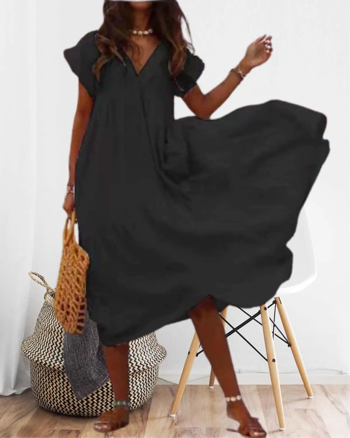Cotton Linen Dress for Women Flutter Sleeve Flowy Tiered Midi Dress Summer Casual V Neck Ruffle Hem Beach Sundress