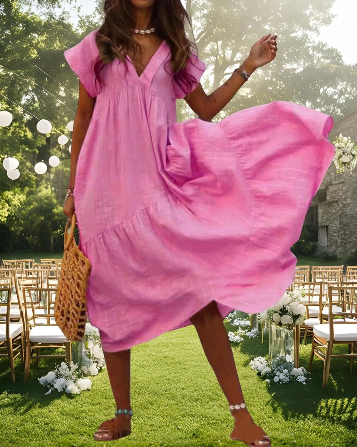 Cotton Linen Dress for Women Flutter Sleeve Flowy Tiered Midi Dress Summer Casual V Neck Ruffle Hem Beach Sundress