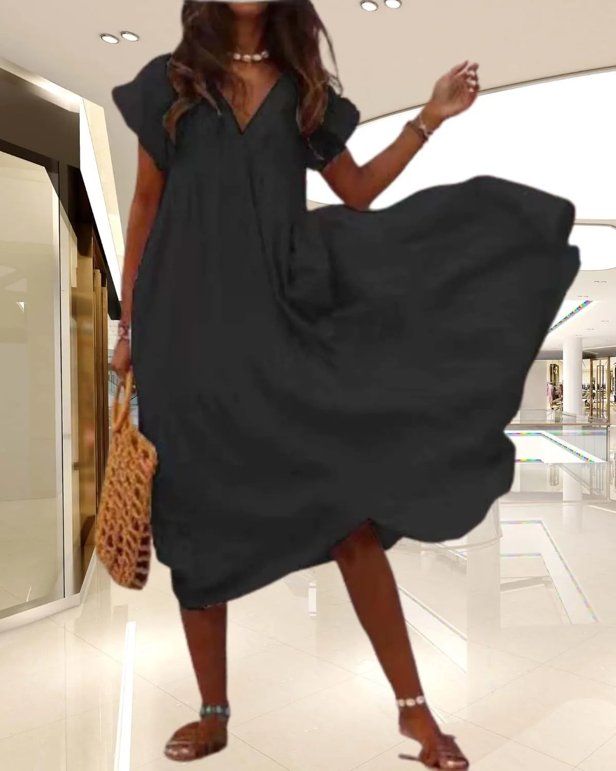 Cotton Linen Dress for Women Flutter Sleeve Flowy Tiered Midi Dress Summer Casual V Neck Ruffle Hem Beach Sundress
