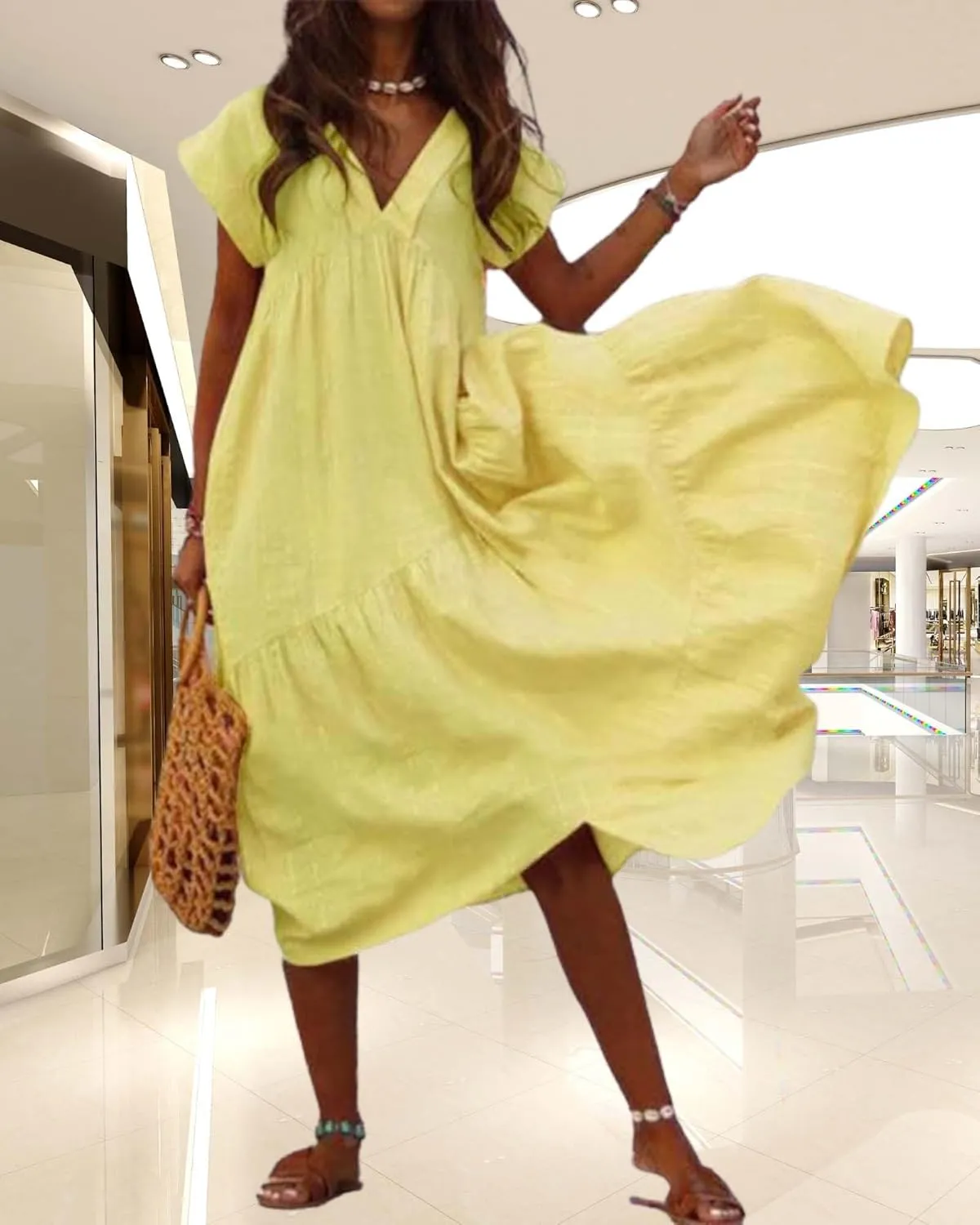 Cotton Linen Dress for Women Flutter Sleeve Flowy Tiered Midi Dress Summer Casual V Neck Ruffle Hem Beach Sundress