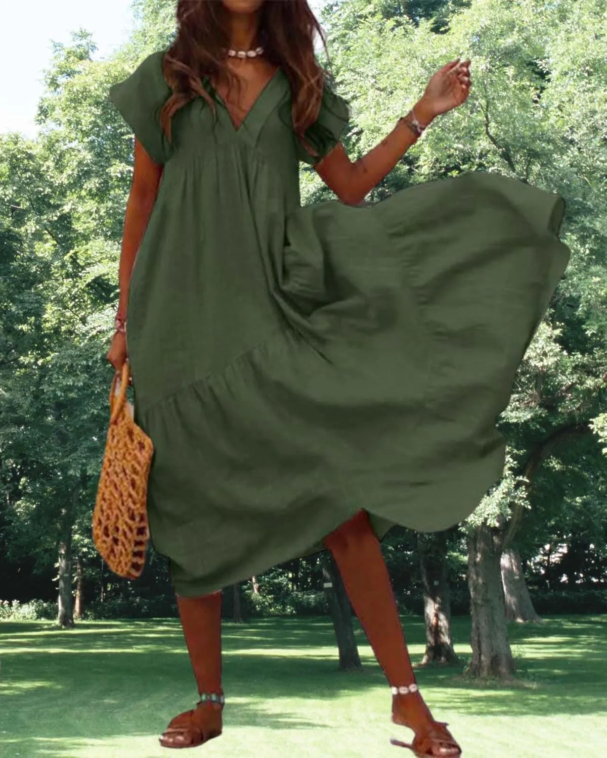 Cotton Linen Dress for Women Flutter Sleeve Flowy Tiered Midi Dress Summer Casual V Neck Ruffle Hem Beach Sundress
