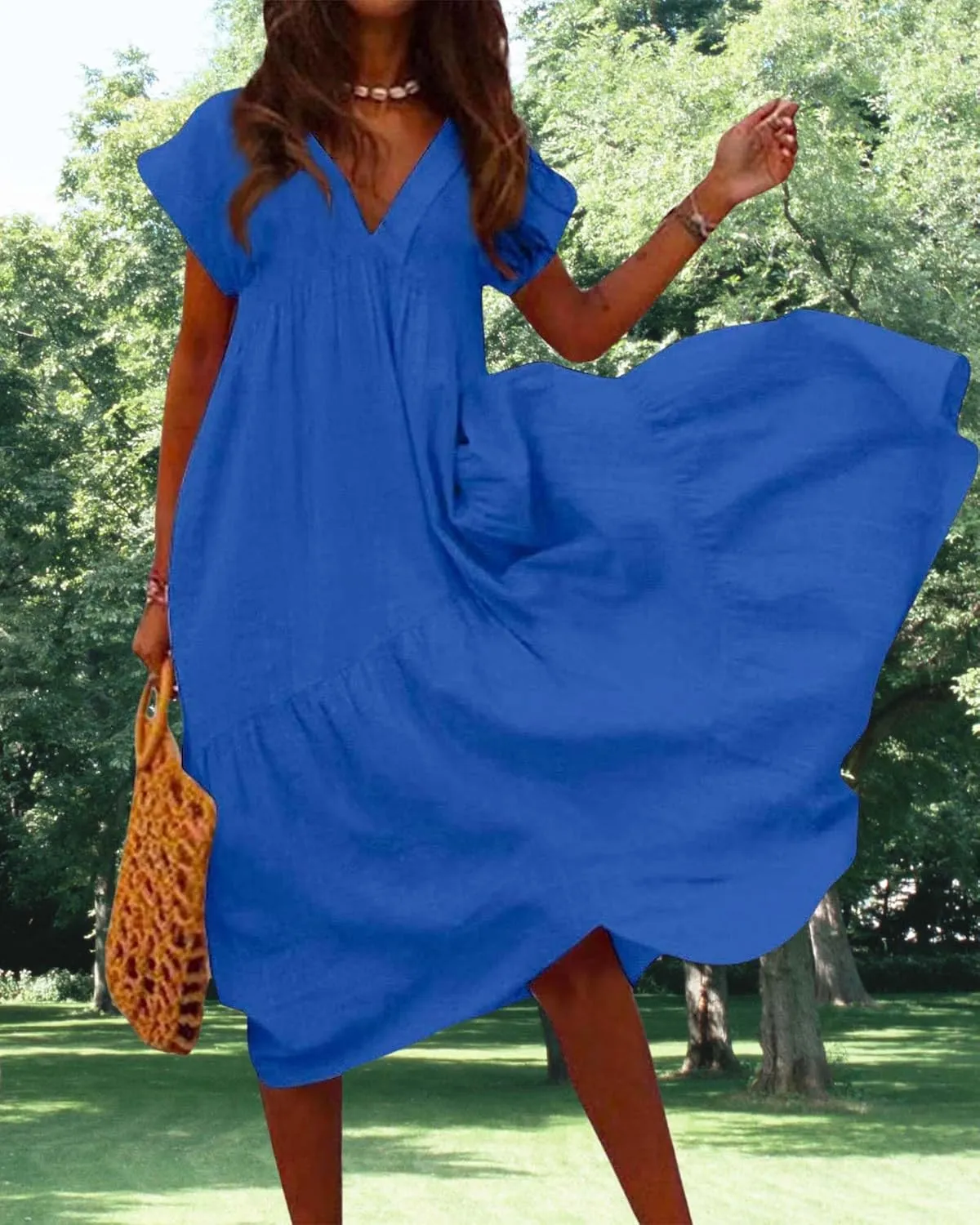 Cotton Linen Dress for Women Flutter Sleeve Flowy Tiered Midi Dress Summer Casual V Neck Ruffle Hem Beach Sundress