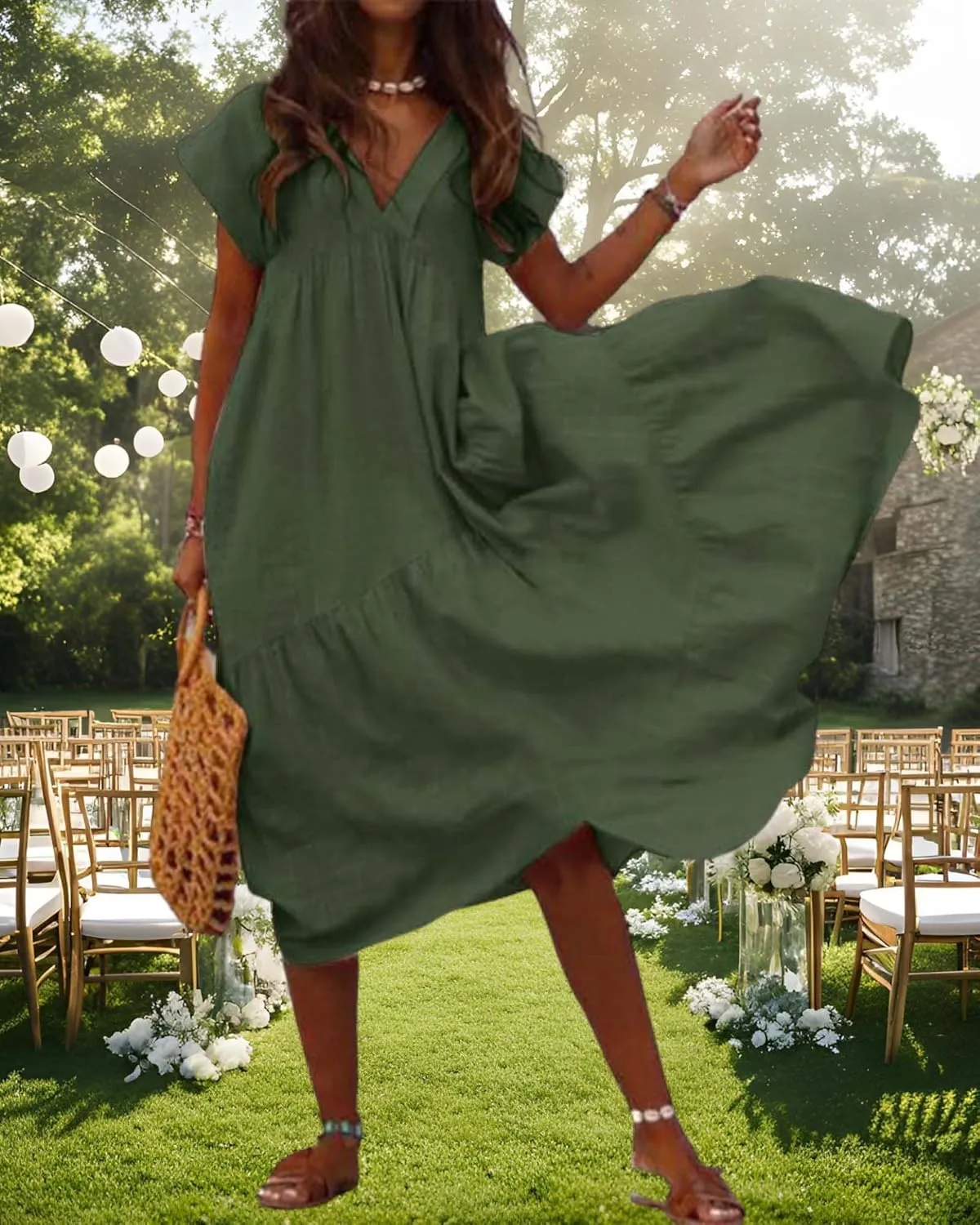 Cotton Linen Dress for Women Flutter Sleeve Flowy Tiered Midi Dress Summer Casual V Neck Ruffle Hem Beach Sundress