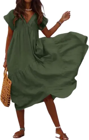 Cotton Linen Dress for Women Flutter Sleeve Flowy Tiered Midi Dress Summer Casual V Neck Ruffle Hem Beach Sundress