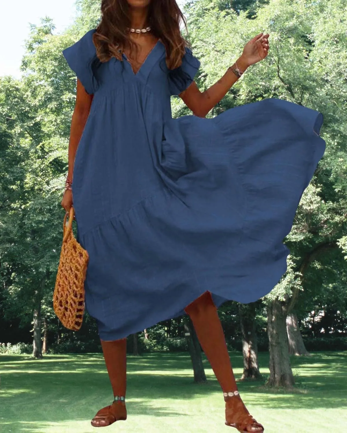 Cotton Linen Dress for Women Flutter Sleeve Flowy Tiered Midi Dress Summer Casual V Neck Ruffle Hem Beach Sundress