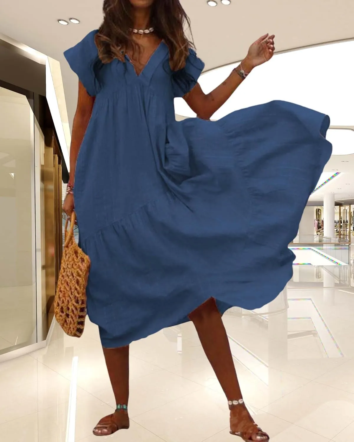 Cotton Linen Dress for Women Flutter Sleeve Flowy Tiered Midi Dress Summer Casual V Neck Ruffle Hem Beach Sundress