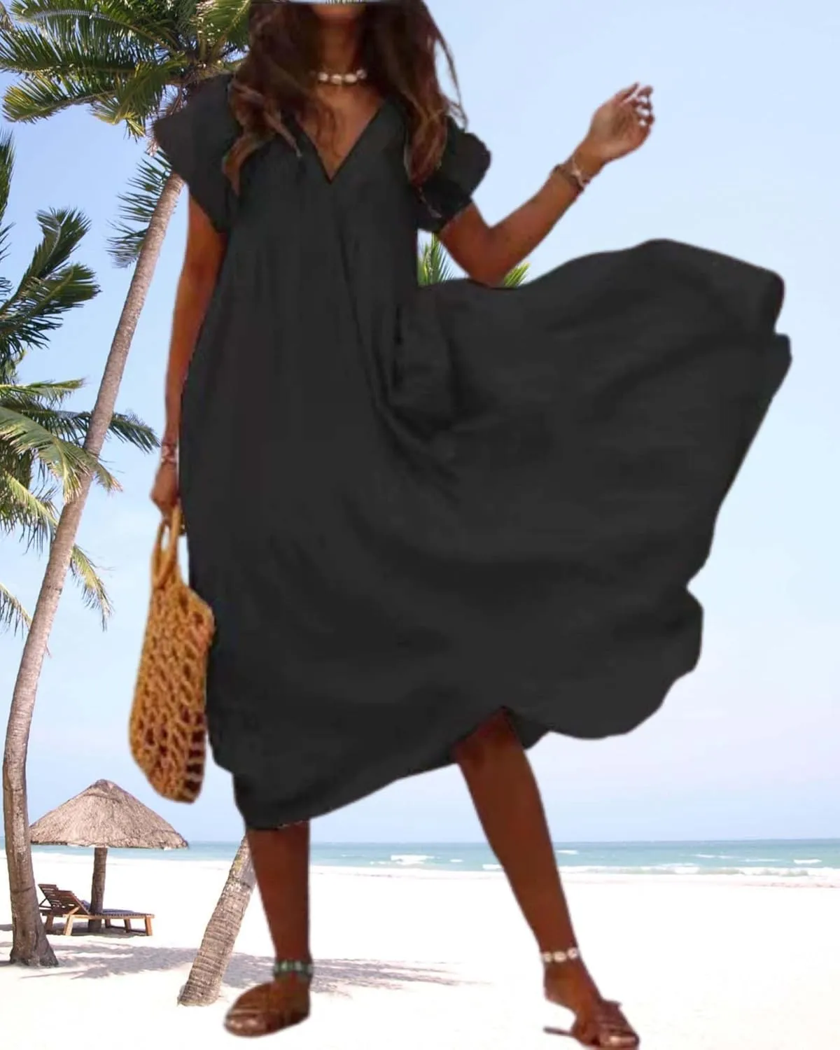 Cotton Linen Dress for Women Flutter Sleeve Flowy Tiered Midi Dress Summer Casual V Neck Ruffle Hem Beach Sundress