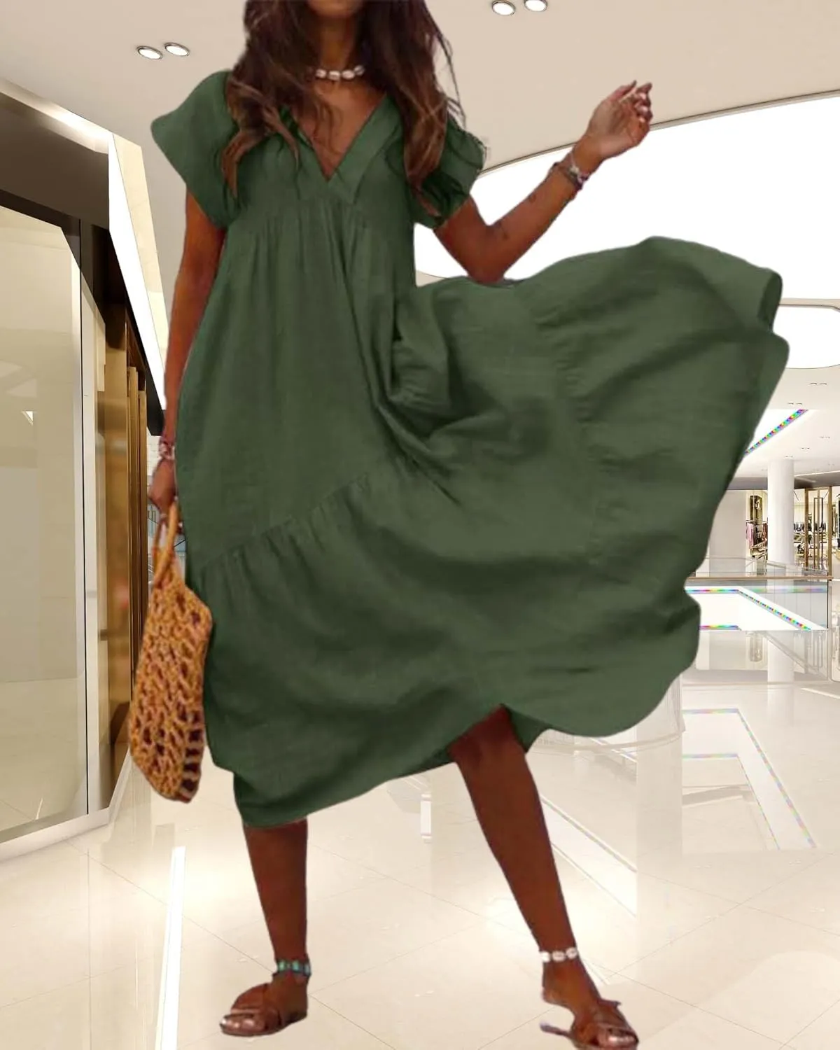Cotton Linen Dress for Women Flutter Sleeve Flowy Tiered Midi Dress Summer Casual V Neck Ruffle Hem Beach Sundress