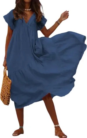 Cotton Linen Dress for Women Flutter Sleeve Flowy Tiered Midi Dress Summer Casual V Neck Ruffle Hem Beach Sundress