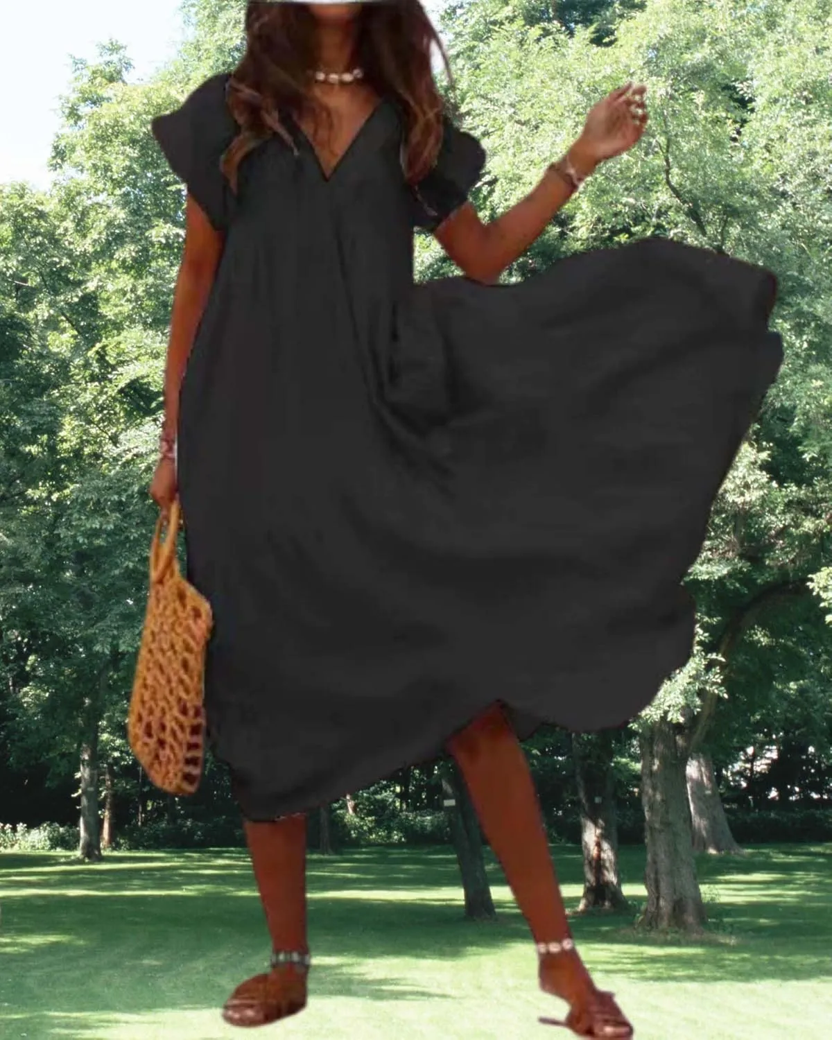 Cotton Linen Dress for Women Flutter Sleeve Flowy Tiered Midi Dress Summer Casual V Neck Ruffle Hem Beach Sundress