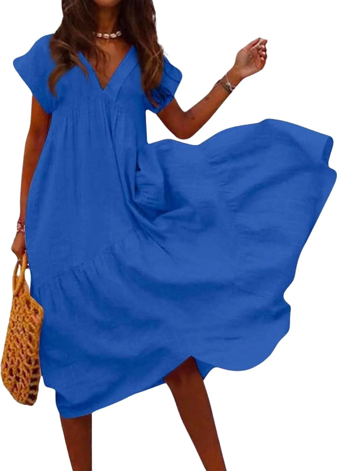 Cotton Linen Dress for Women Flutter Sleeve Flowy Tiered Midi Dress Summer Casual V Neck Ruffle Hem Beach Sundress