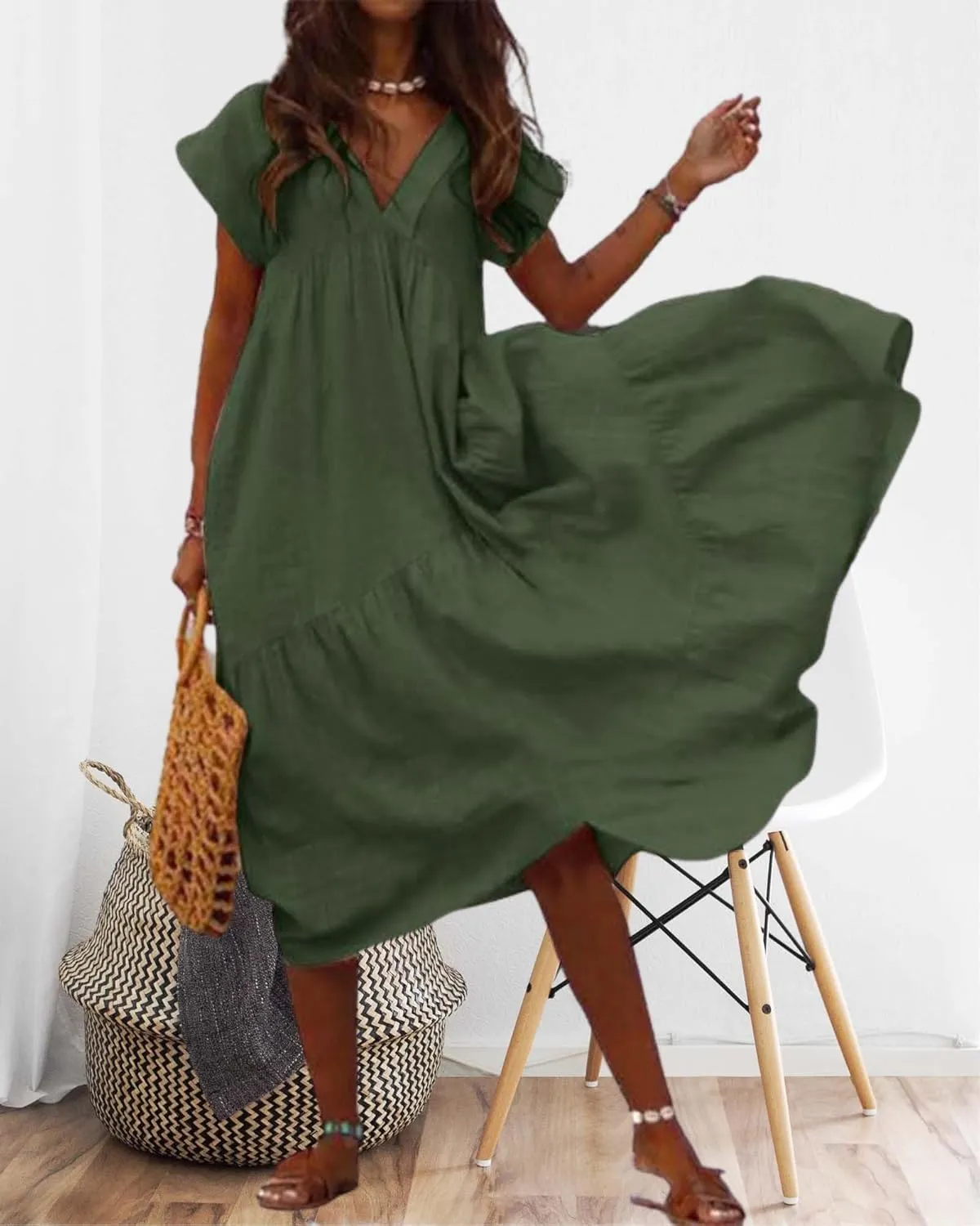 Cotton Linen Dress for Women Flutter Sleeve Flowy Tiered Midi Dress Summer Casual V Neck Ruffle Hem Beach Sundress