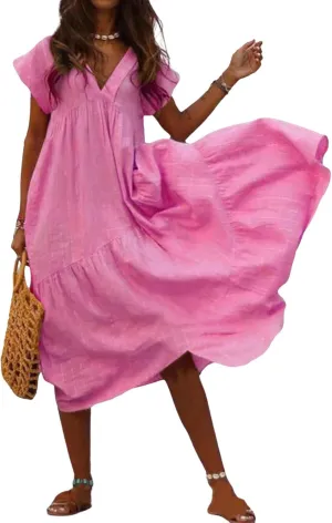 Cotton Linen Dress for Women Flutter Sleeve Flowy Tiered Midi Dress Summer Casual V Neck Ruffle Hem Beach Sundress