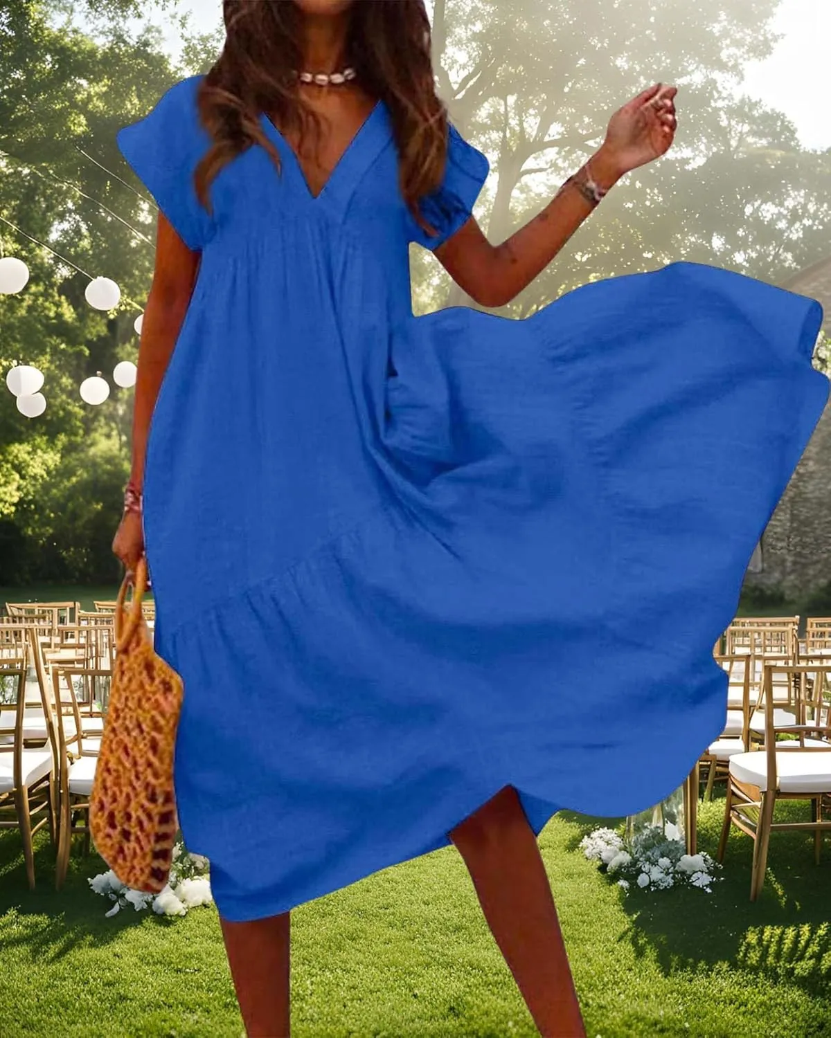Cotton Linen Dress for Women Flutter Sleeve Flowy Tiered Midi Dress Summer Casual V Neck Ruffle Hem Beach Sundress