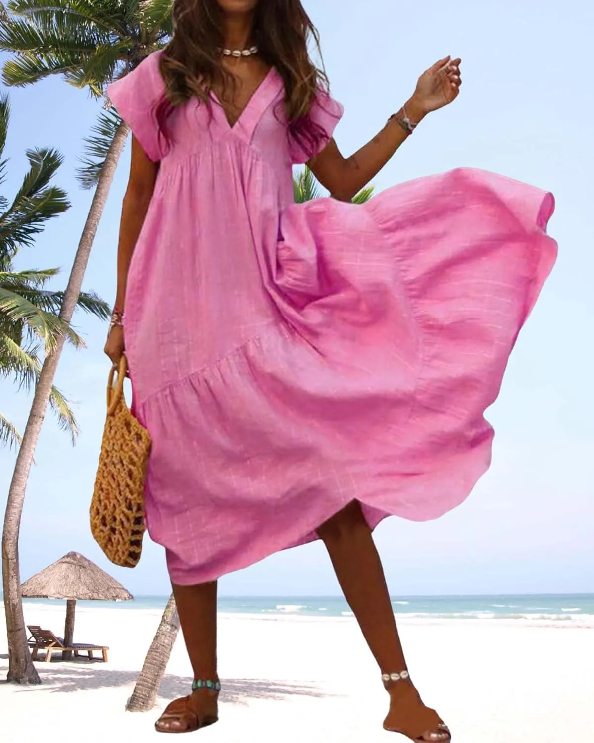 Cotton Linen Dress for Women Flutter Sleeve Flowy Tiered Midi Dress Summer Casual V Neck Ruffle Hem Beach Sundress