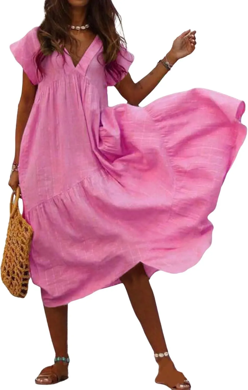 Cotton Linen Dress for Women Flutter Sleeve Flowy Tiered Midi Dress Summer Casual V Neck Ruffle Hem Beach Sundress