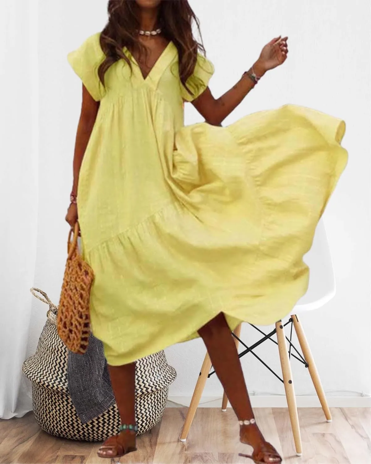 Cotton Linen Dress for Women Flutter Sleeve Flowy Tiered Midi Dress Summer Casual V Neck Ruffle Hem Beach Sundress