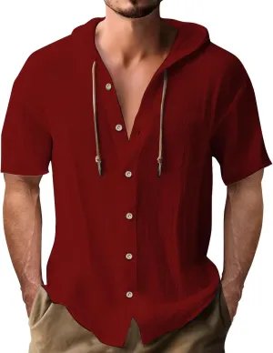 Cotton Linen Hoodie Shirts for Men V Neck Button Down Hooded Pullover Lightweight Summer Casual Hawaiian Beach Yoga Shirts