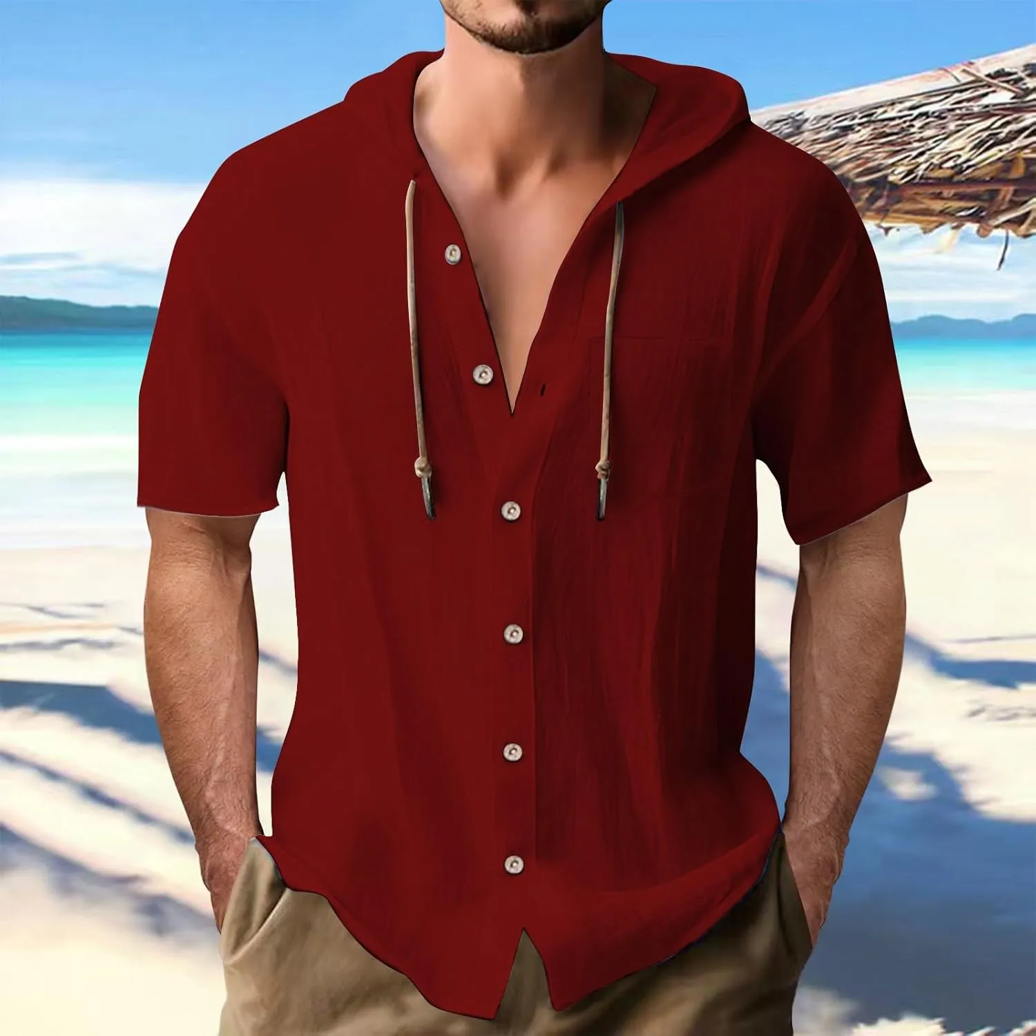 Cotton Linen Hoodie Shirts for Men V Neck Button Down Hooded Pullover Lightweight Summer Casual Hawaiian Beach Yoga Shirts