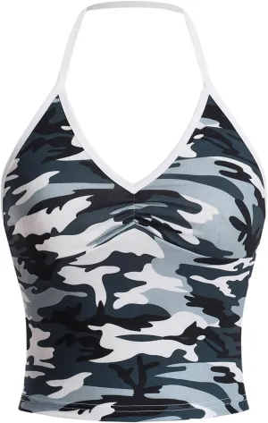 COZYEASE Women's Camo Print V Neck Sleeveless Crop Tops Casual Ruched Backless Halter Tops