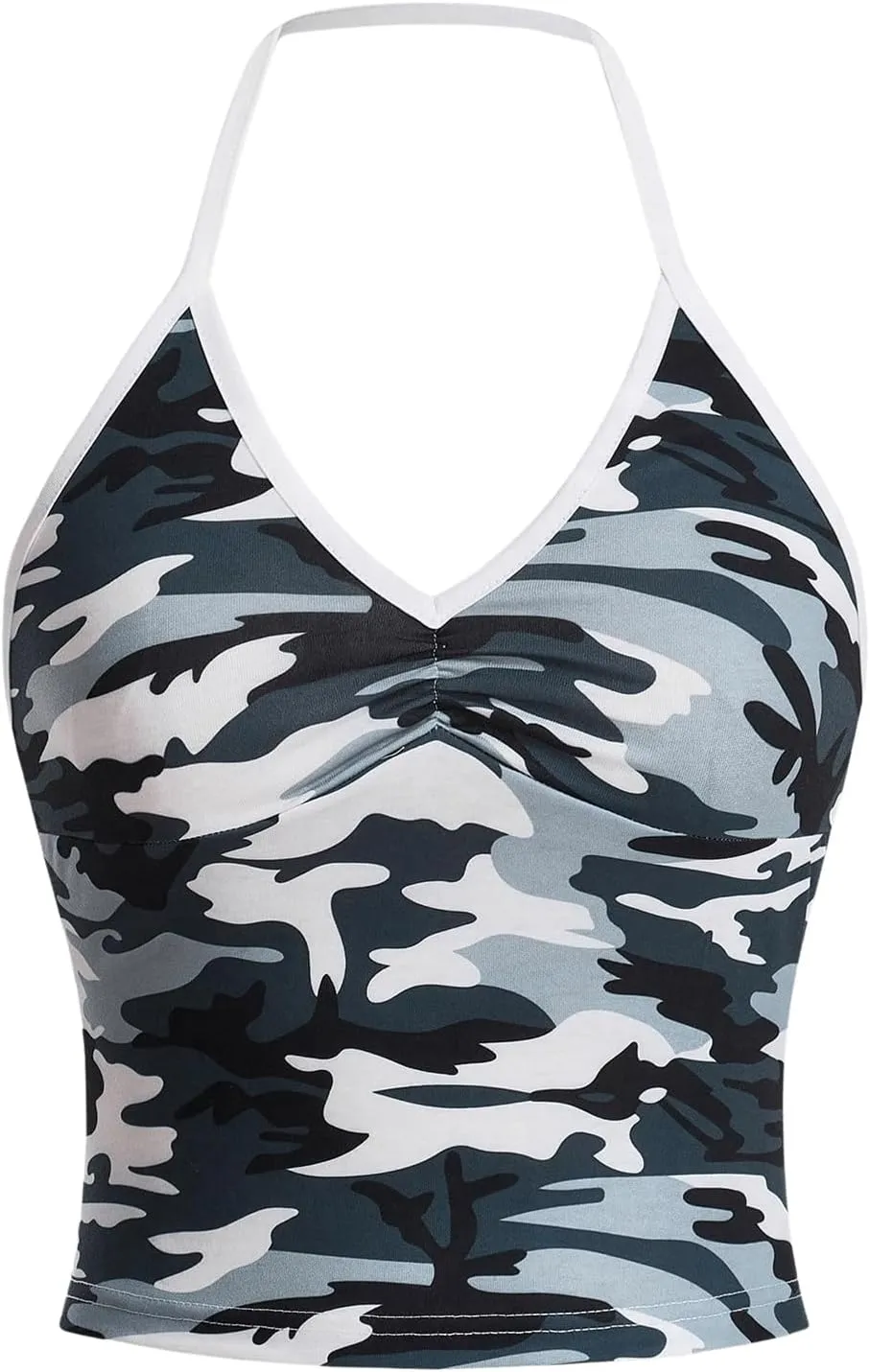 COZYEASE Women's Camo Print V Neck Sleeveless Crop Tops Casual Ruched Backless Halter Tops