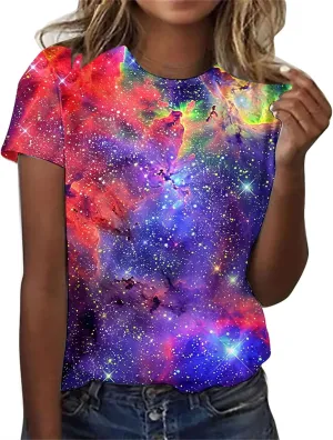 Cute Summer Tops for Women Galaxy Space Print Petite Shirts Casual Short Sleeve Crewneck Graphic Tees Blouses