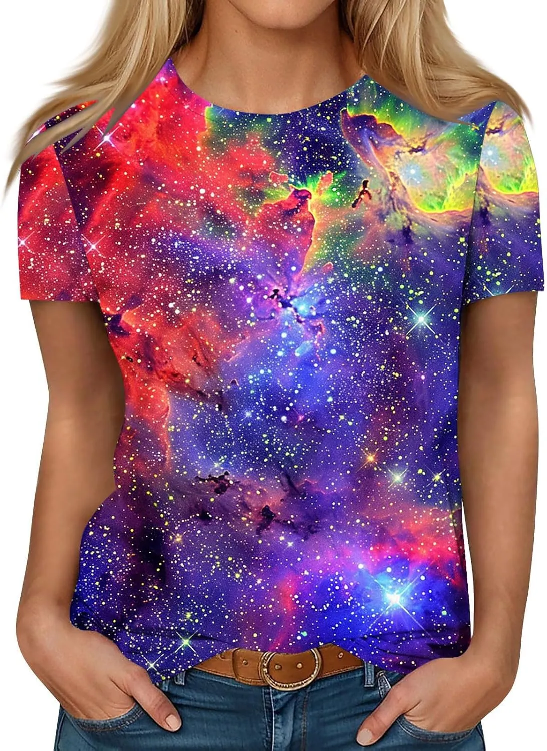 Cute Summer Tops for Women Galaxy Space Print Petite Shirts Casual Short Sleeve Crewneck Graphic Tees Blouses