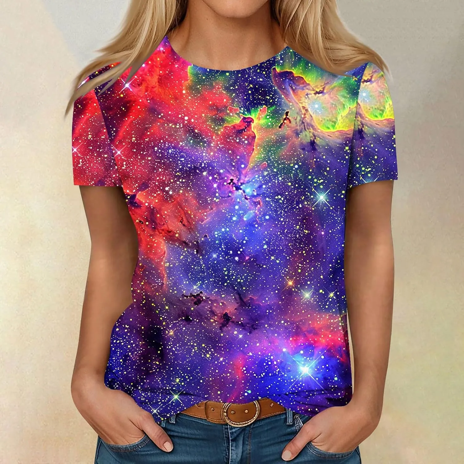Cute Summer Tops for Women Galaxy Space Print Petite Shirts Casual Short Sleeve Crewneck Graphic Tees Blouses