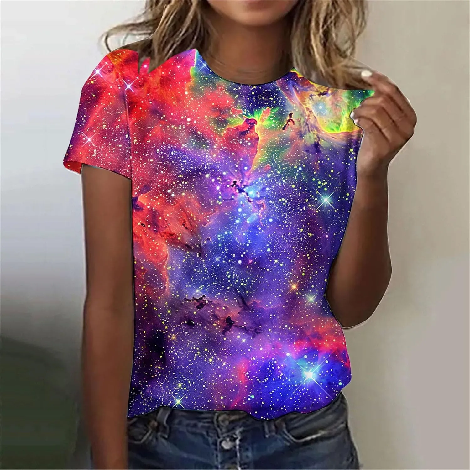 Cute Summer Tops for Women Galaxy Space Print Petite Shirts Casual Short Sleeve Crewneck Graphic Tees Blouses