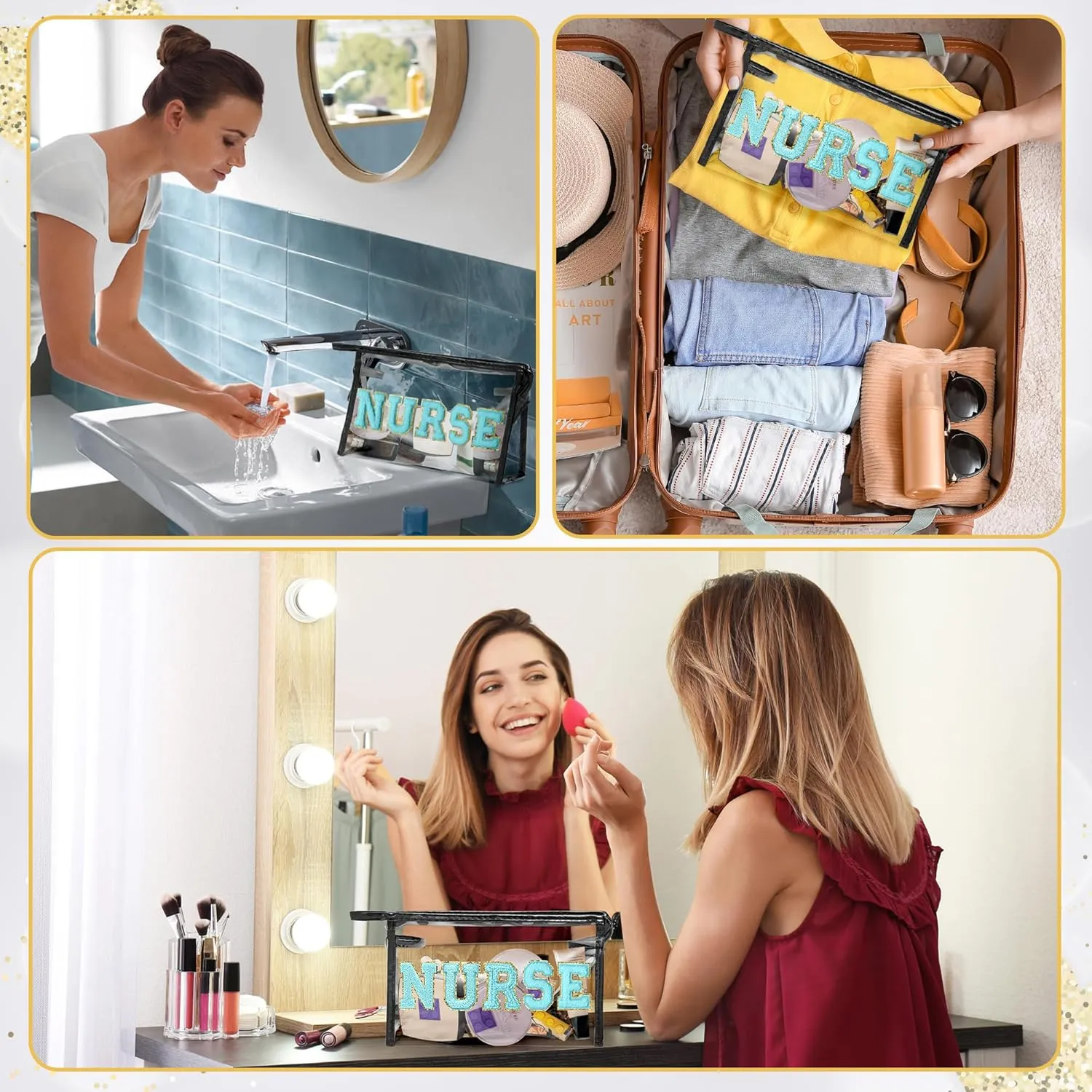 CY2SIDE NURSE Clear Makeup Bag - Blue Letter Patch Cosmetic Bag with Handle for Travel PVC Zipper Clear Travel Pouch for Toiletries Waterproof Portable Organizer Case Gift for Nurse, Black