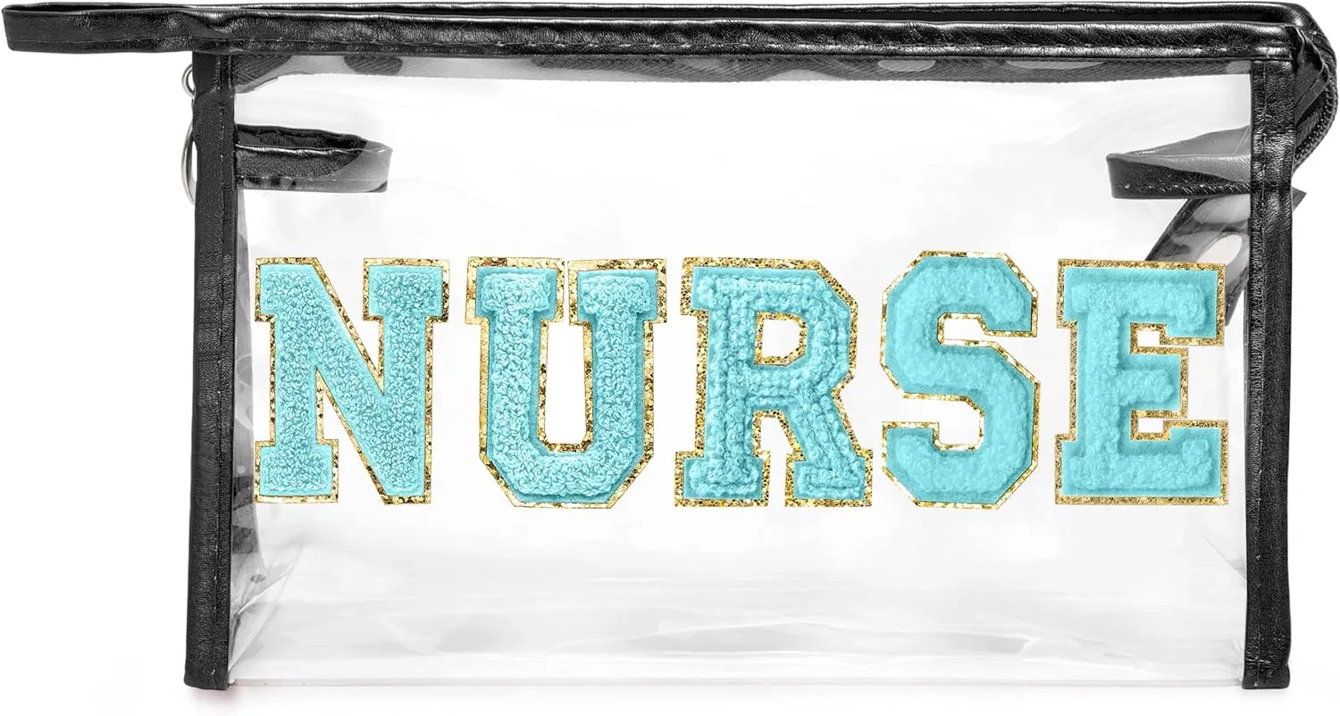 CY2SIDE NURSE Clear Makeup Bag - Blue Letter Patch Cosmetic Bag with Handle for Travel PVC Zipper Clear Travel Pouch for Toiletries Waterproof Portable Organizer Case Gift for Nurse, Black