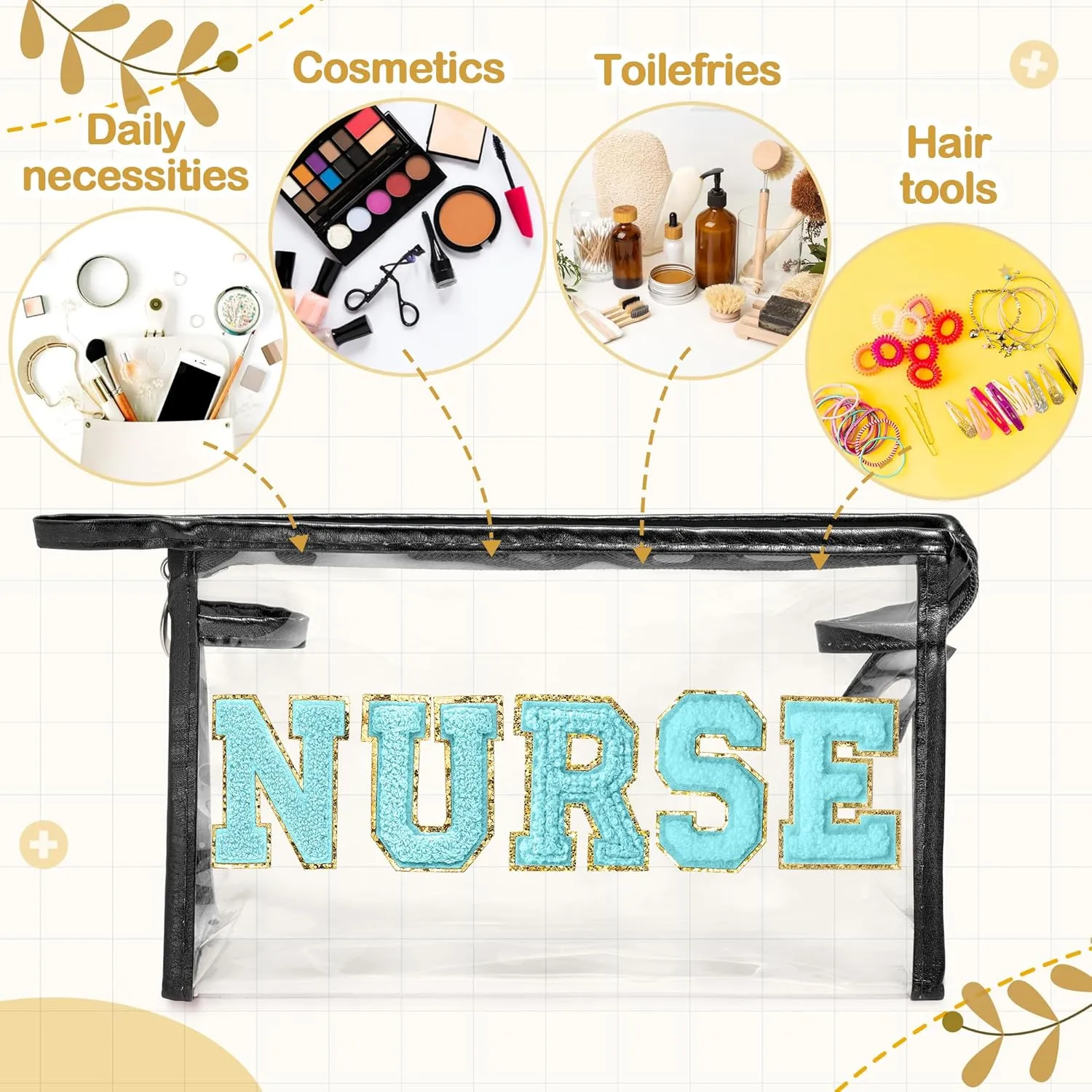 CY2SIDE NURSE Clear Makeup Bag - Blue Letter Patch Cosmetic Bag with Handle for Travel PVC Zipper Clear Travel Pouch for Toiletries Waterproof Portable Organizer Case Gift for Nurse, Black