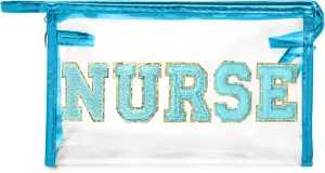 CY2SIDE NURSE Clear Makeup Bag - Blue Letter Patch Cosmetic Bag with Handle for Travel PVC Zipper Clear Travel Pouch for Toiletries Waterproof Portable Organizer Case Gift for Nurse, Blue